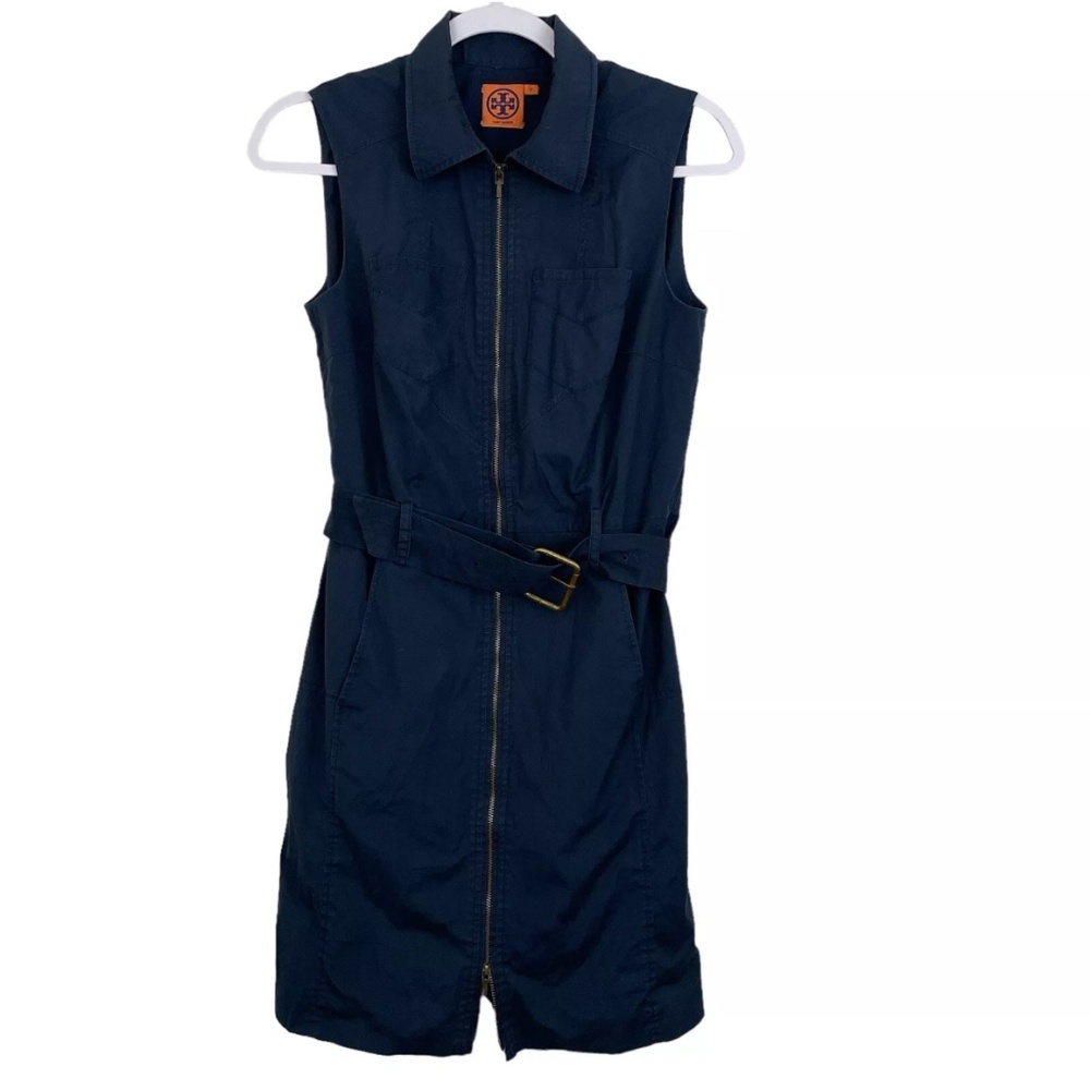 Tory Burch Dress Size 2 Full Zip Up Sleeveless Belted Pockets Navy Blue